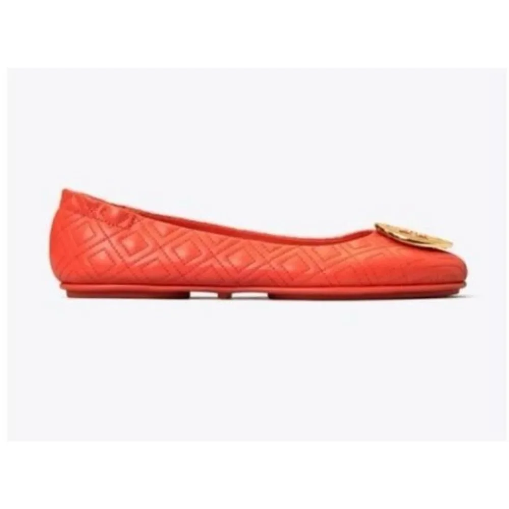 Tory Burch Size 6.5 Minnie Quilted Leather Ballet Flats Orange Gold Logo Travel